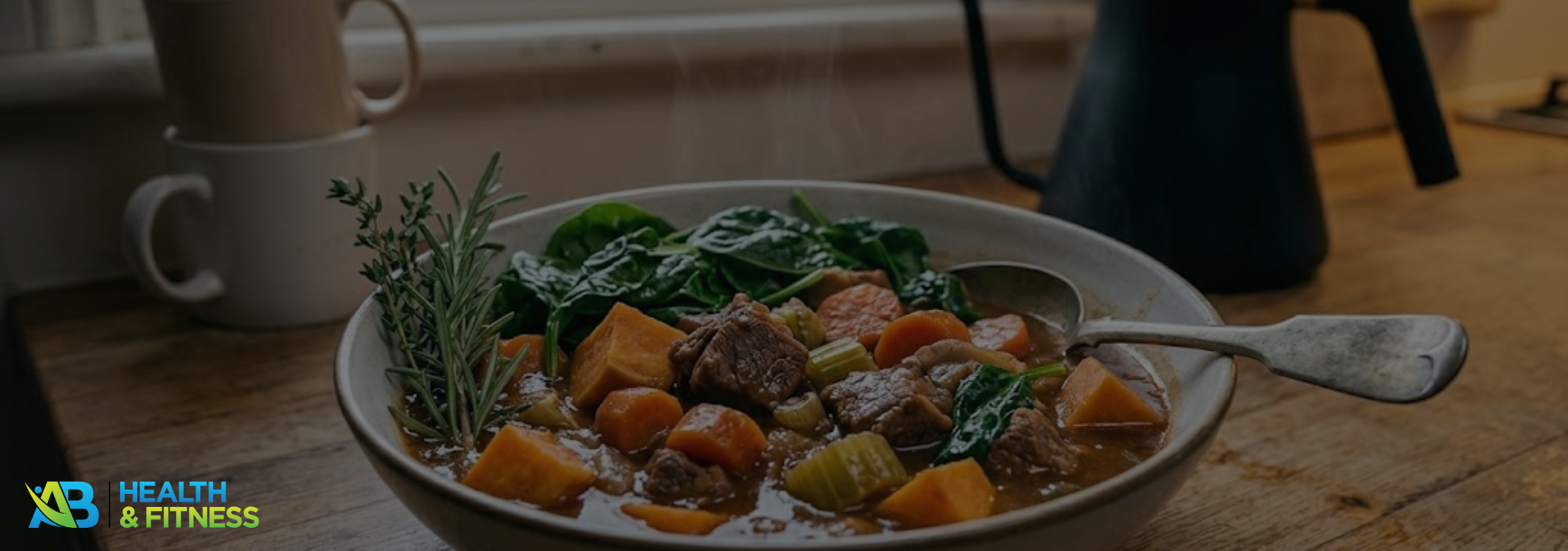 A steaming bowl of healthy winter lamb stew packed with sweet potato, carrots, and celery on a rustic wooden table.