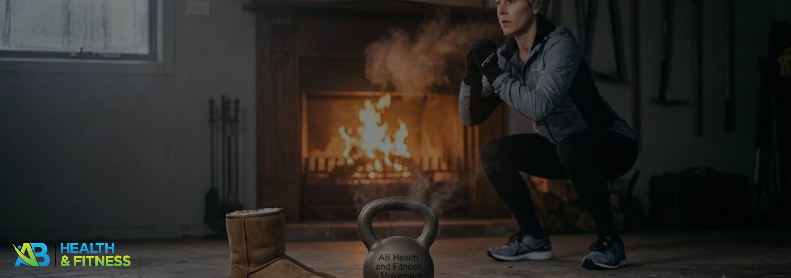 A woman in winter activewear doing bodyweight squats indoors near a fireplace next to a kettlebell and Ugg boots.